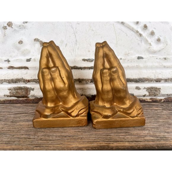 Vintage 1950s Praying HAnds Salt and Pepper Shakers Antique Gold Ceramic - Picture 1 of 5